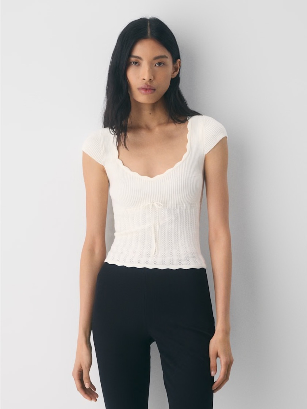 Wilfred Cream Scalloped Ribbed Knit Crop Top